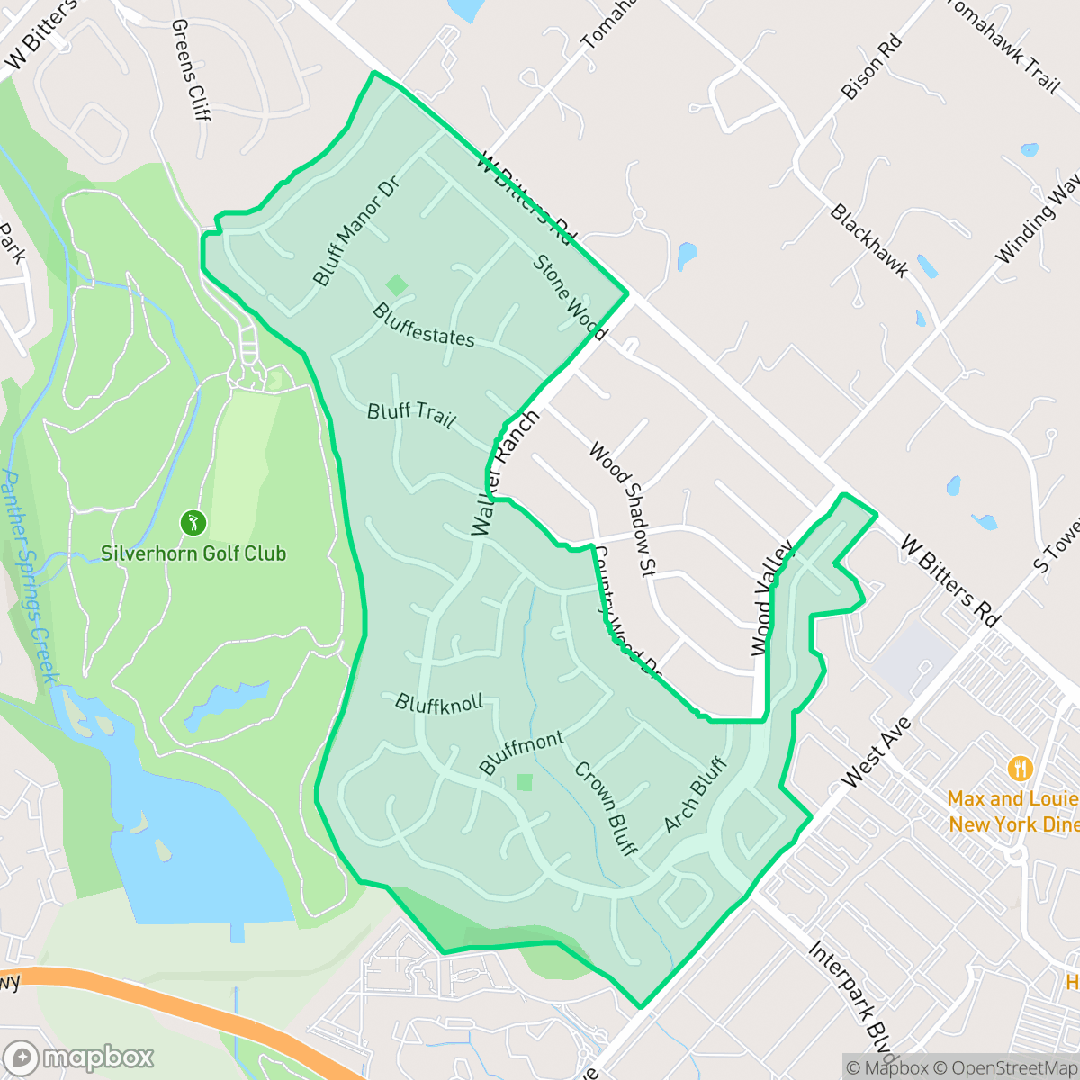 Map showing the location of Bluffview at Camino Real, San Antonio, TX