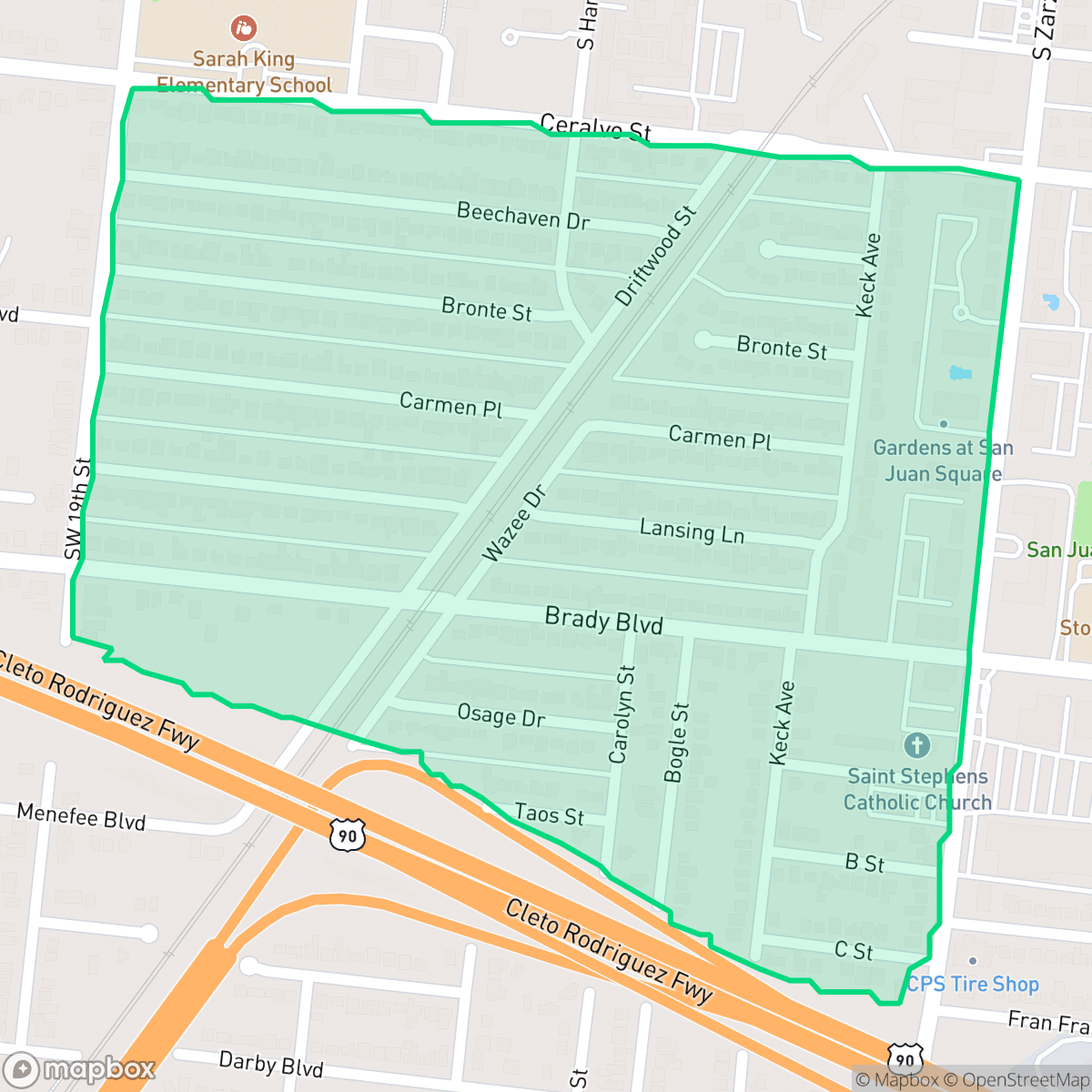 Map showing the location of Brady Gardens, San Antonio, TX