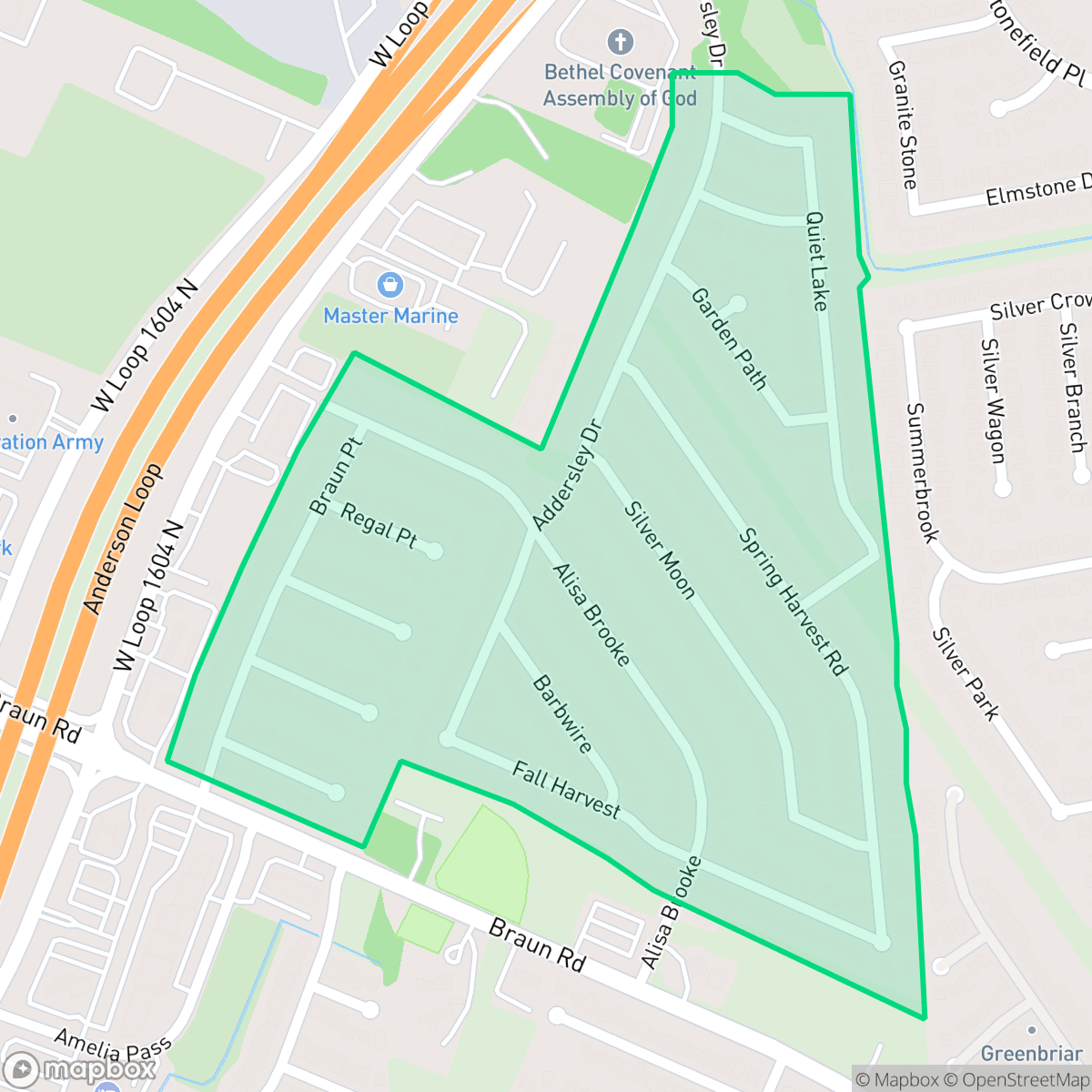 Map showing the location of Braun's Farm, San Antonio, TX