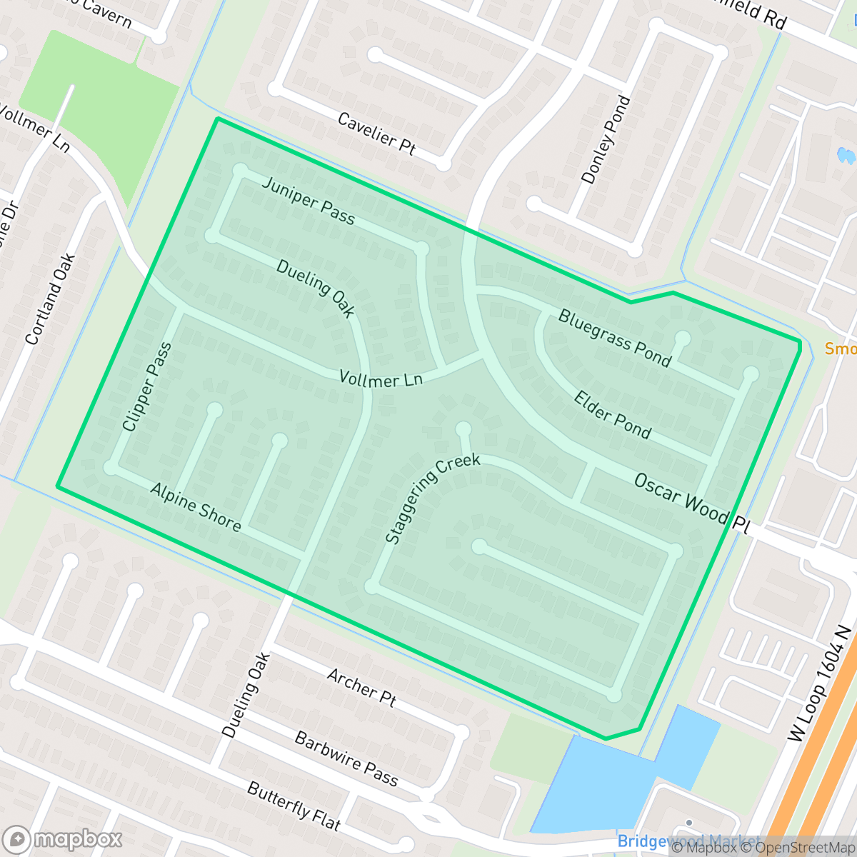Map showing the location of Bridgewood Estates, San Antonio, TX