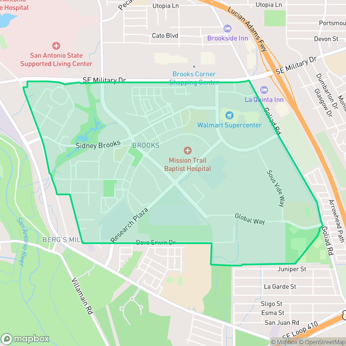 Map showing the location of Brooks, San Antonio, TX