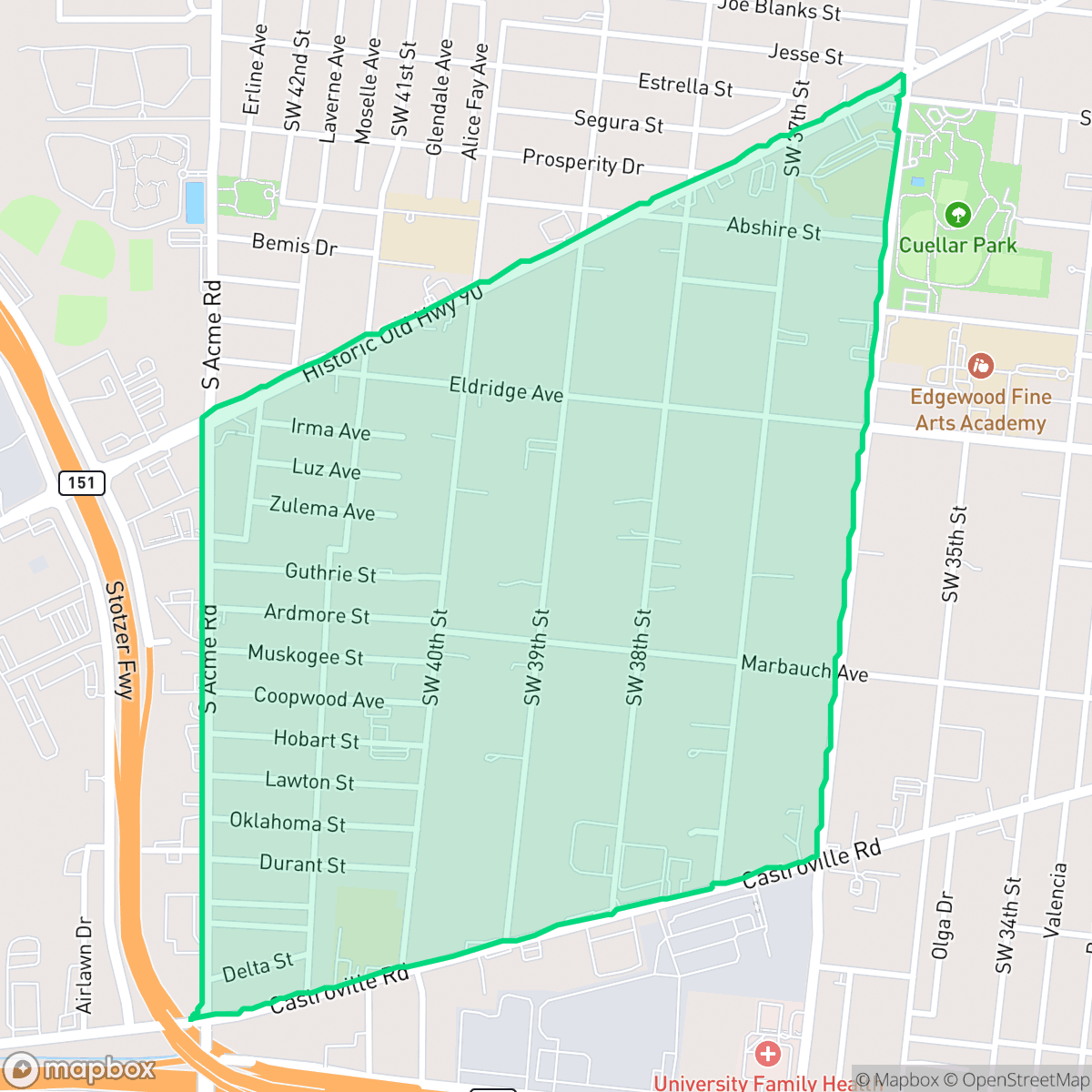 Map showing the location of Community Workers Council-Los Jardines, San Antonio, TX