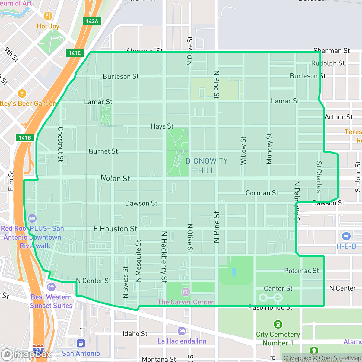 Map showing the location of Dignowity Hill, San Antonio, TX