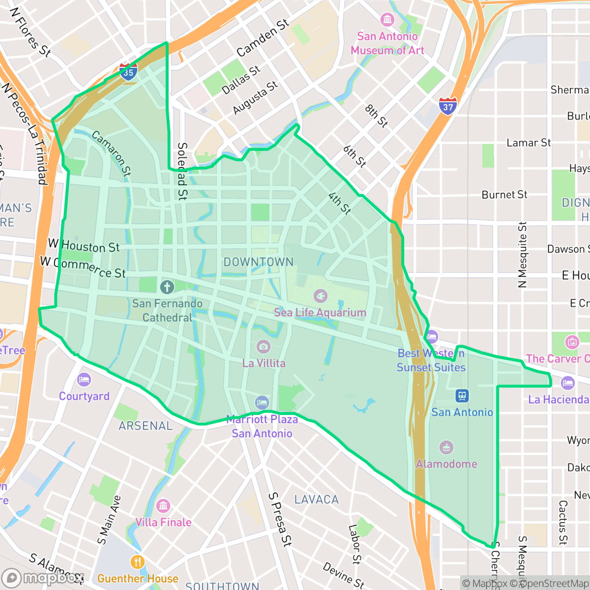Map showing the location of Downtown, San Antonio, TX