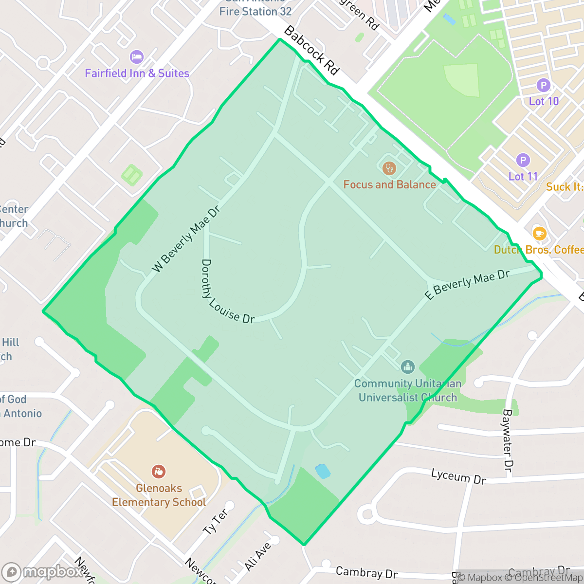 Map showing the location of Dreamhill Estates Neighborhood, San Antonio, TX