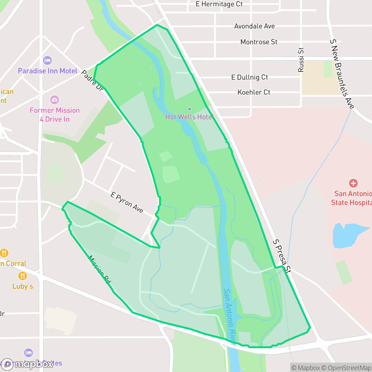 Map showing the location of East Pyron - Symphony Lane-Mission San Jose, San Antonio, TX