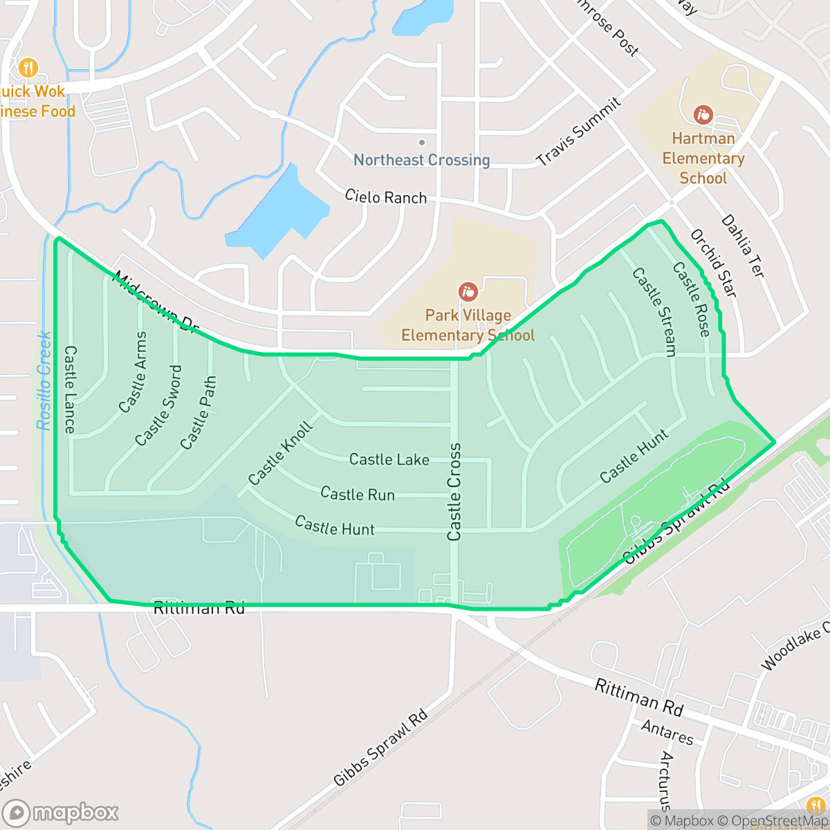 Map showing the location of East Village, San Antonio, TX