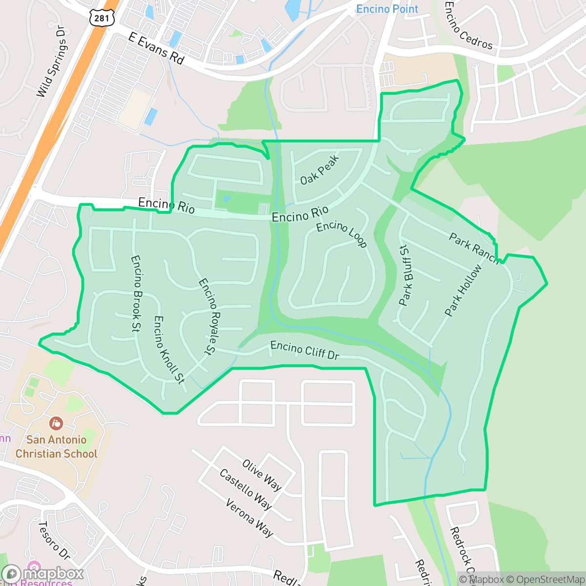 Map showing the location of Encino Park, San Antonio, TX