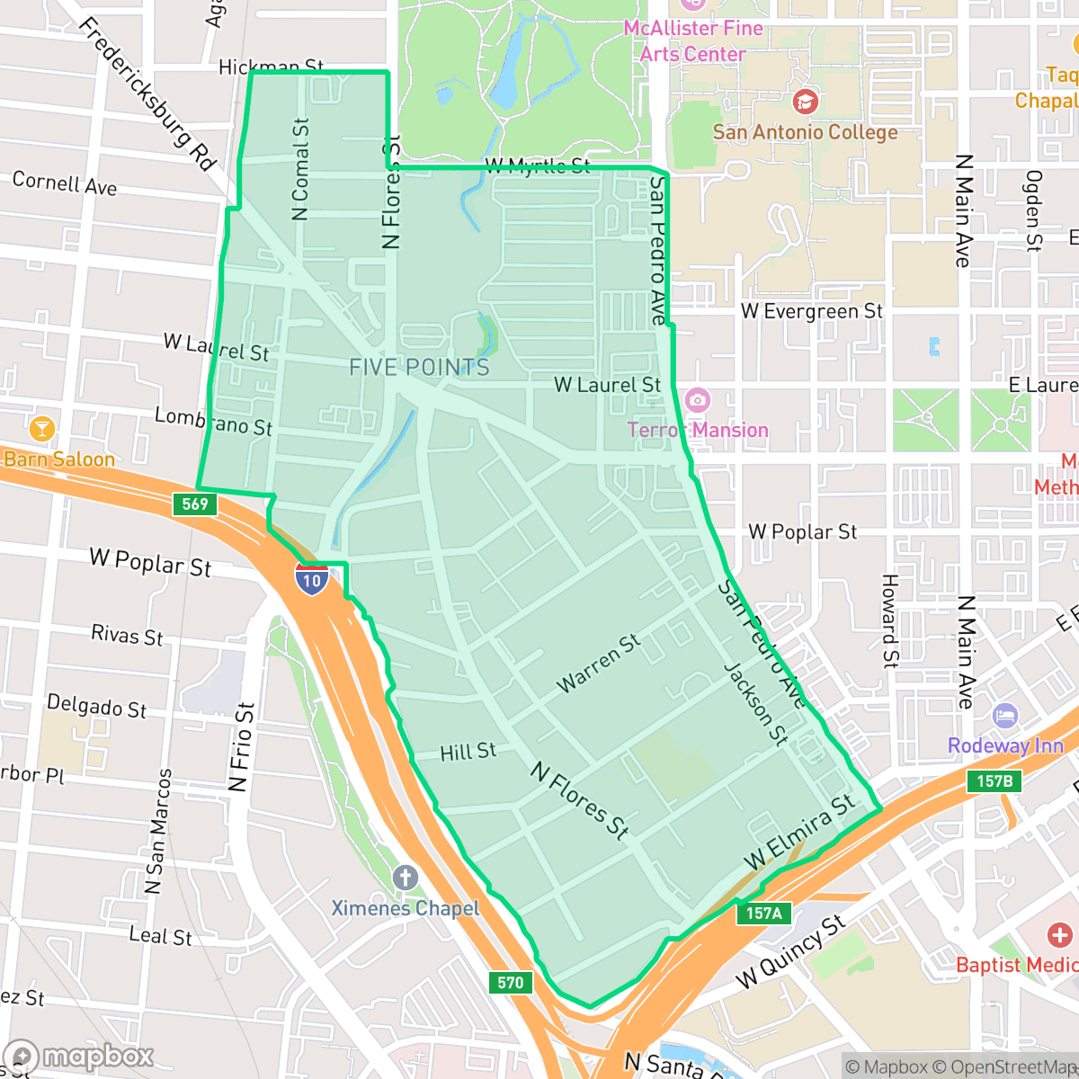 Map showing the location of Five Points, San Antonio, TX