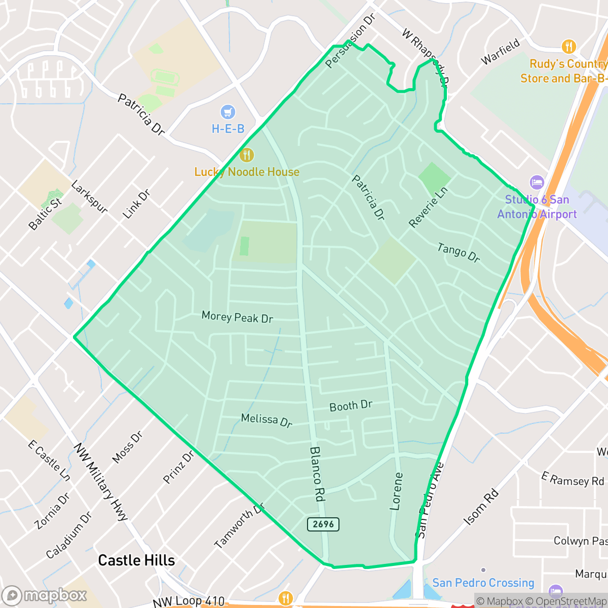 Map showing the location of Greater Harmony Hills, San Antonio, TX