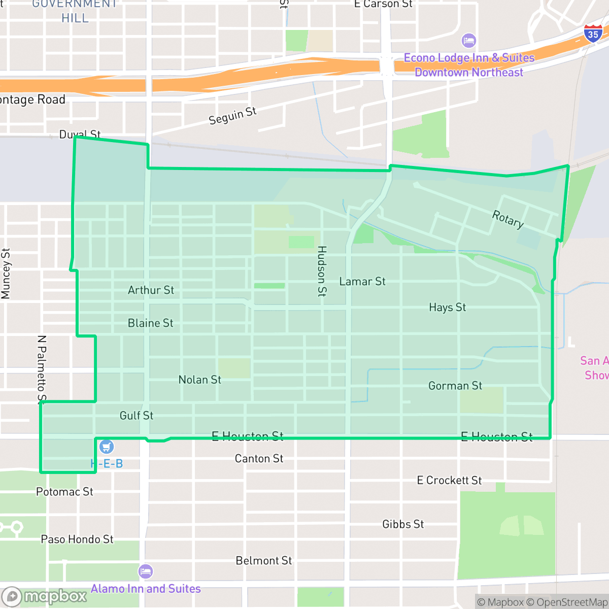 Map showing the location of Harvard Place - Eastlawn, San Antonio, TX