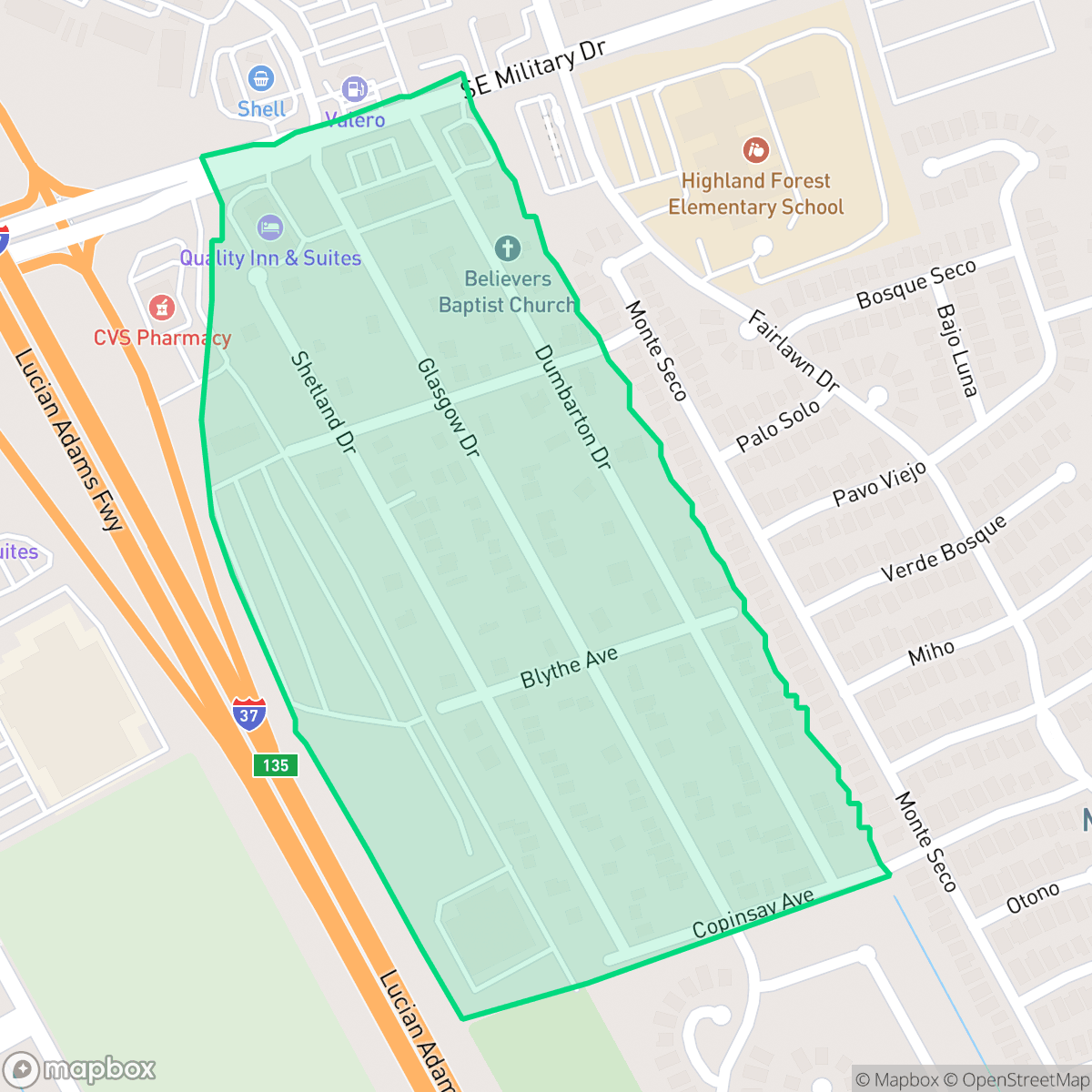 Map showing the location of Highland Forest, San Antonio, TX