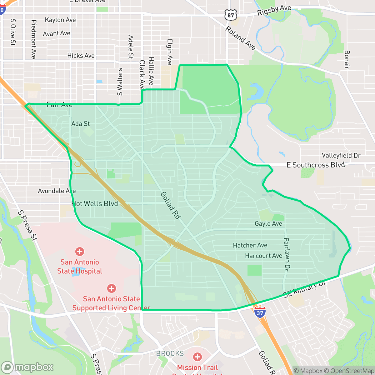 Map showing the location of Highland Hills, San Antonio, TX