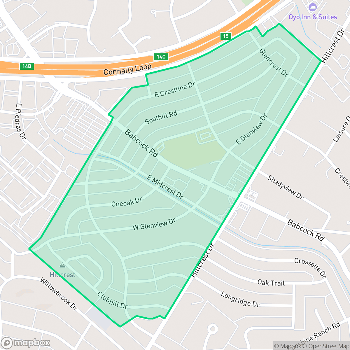 Map showing the location of Hillcrest, San Antonio, TX