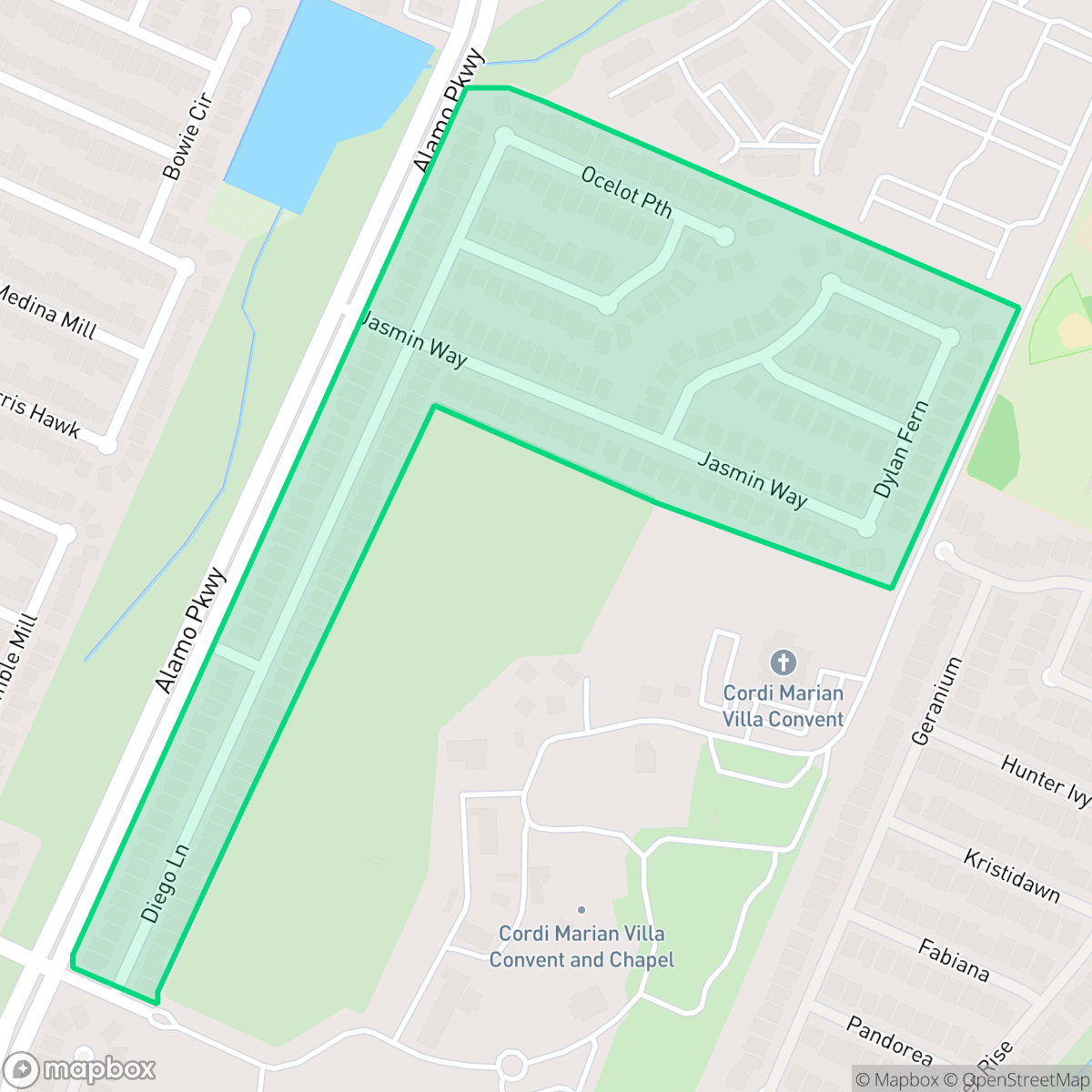 Map showing the location of Hills at Alamo Ranch, San Antonio, TX