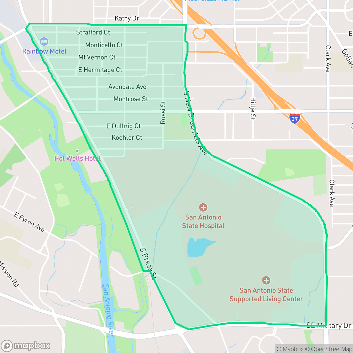 Map showing the location of Hot Wells, San Antonio, TX