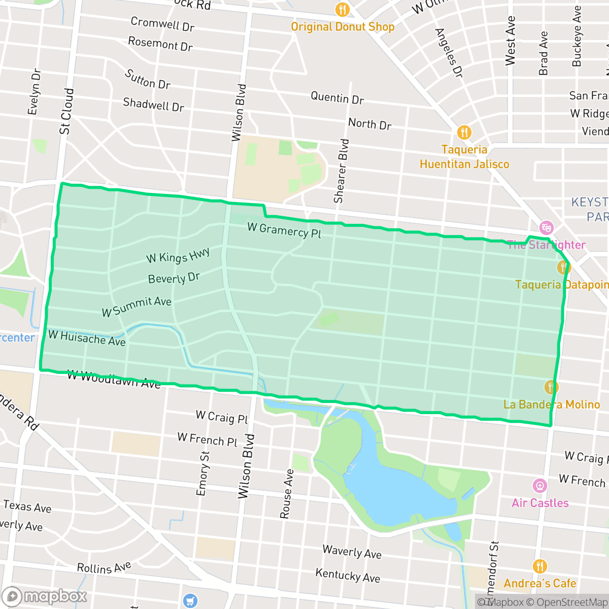 Map showing the location of Jefferson-Woodlawn Lake, San Antonio, TX