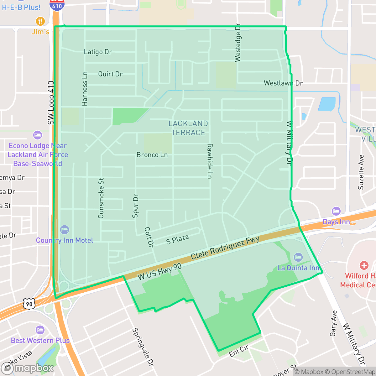 Map showing the location of Lackland Terrace, San Antonio, TX