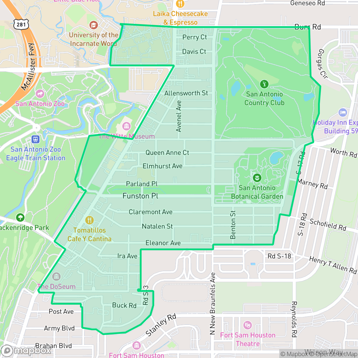 Map showing the location of Mahncke Park, San Antonio, TX