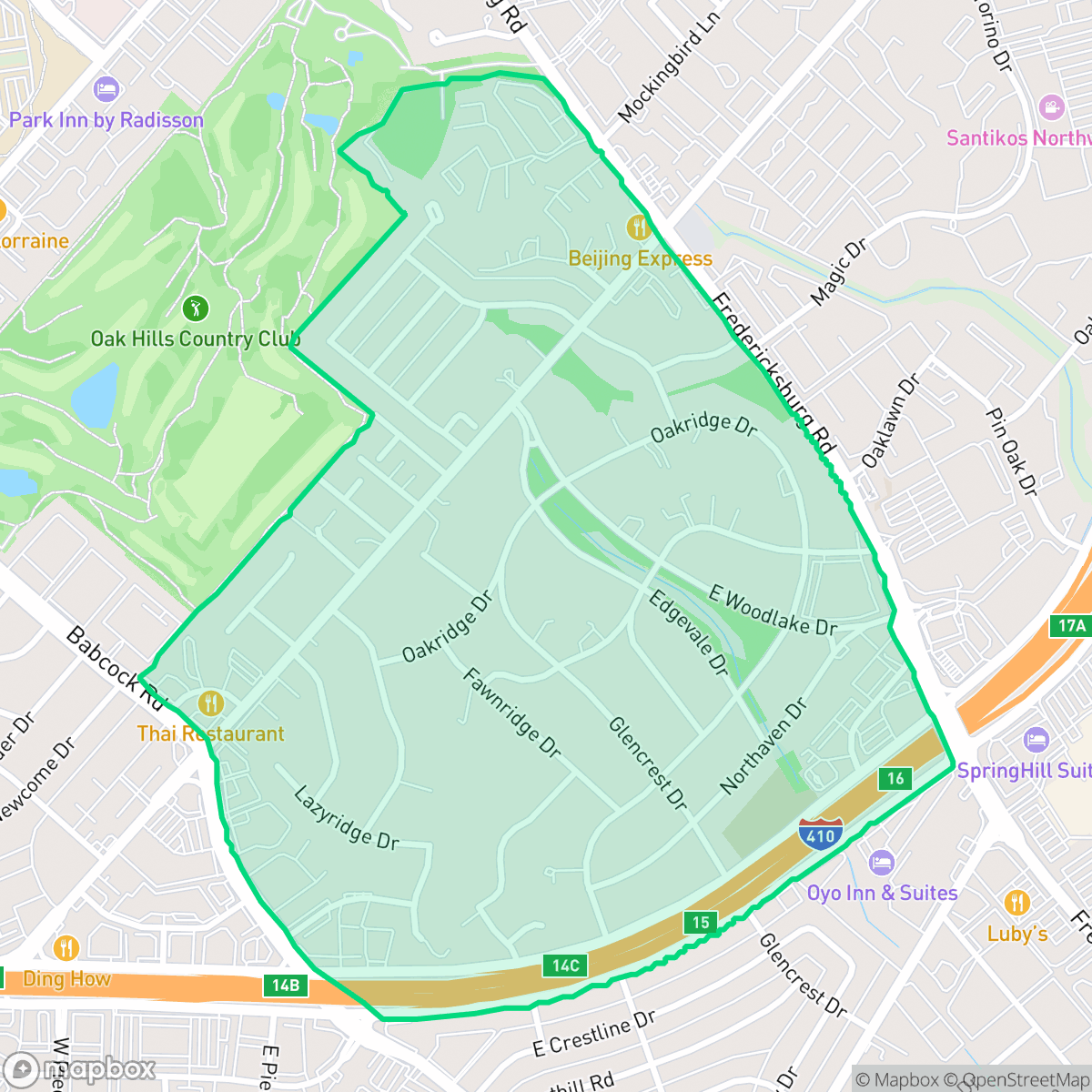 Map showing the location of Oak Hills, San Antonio, TX
