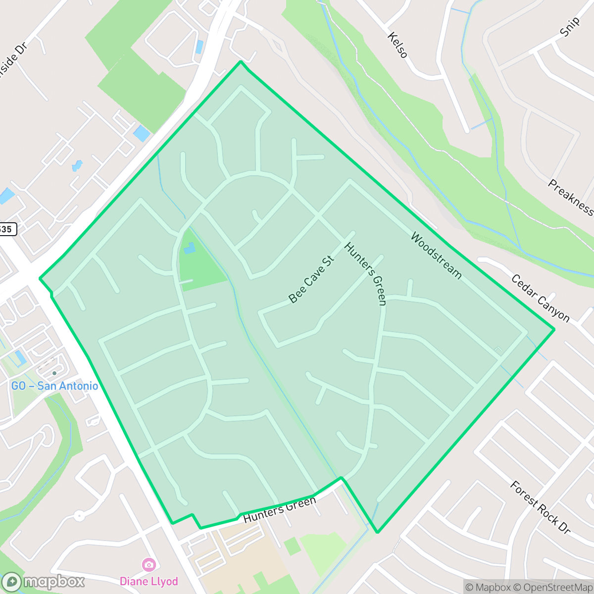 Map showing the location of Oak Meadow, San Antonio, TX