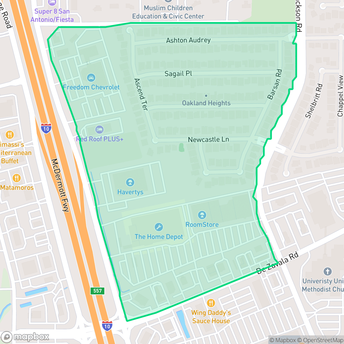 Map showing the location of Oakland Heights, San Antonio, TX
