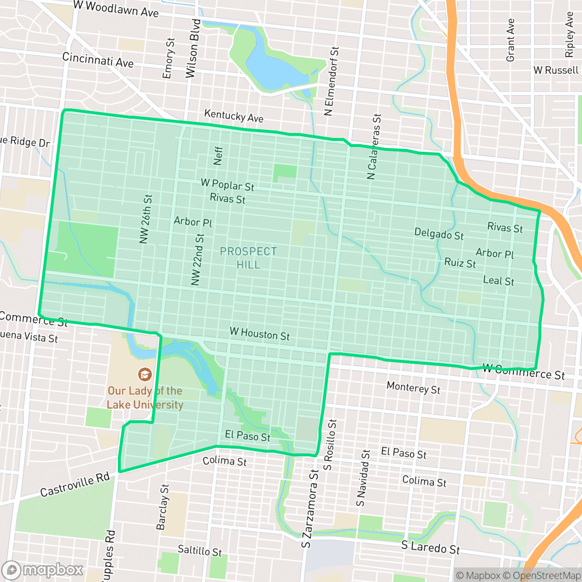 Map showing the location of Prospect Hill, San Antonio, TX