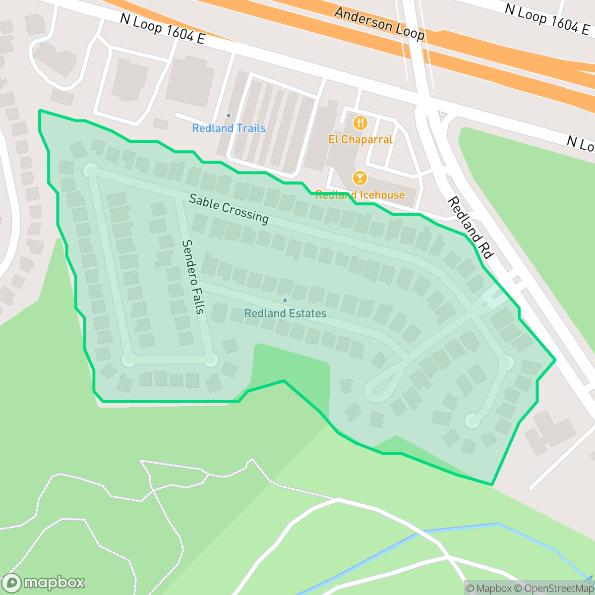 Map showing the location of Redland Estates, San Antonio, TX