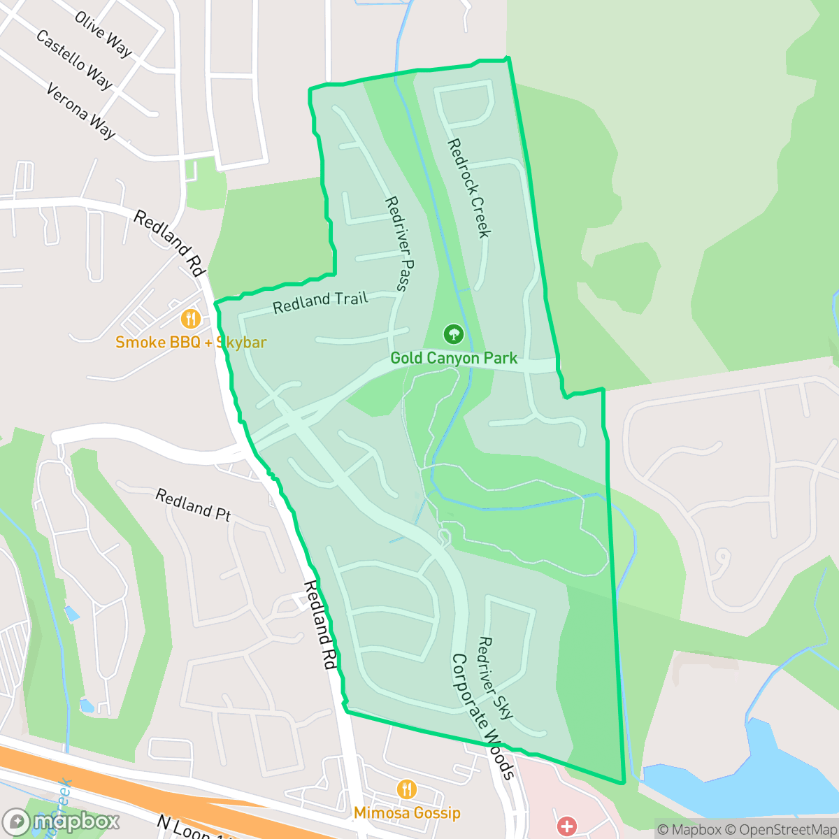 Map showing the location of Redland Woods, San Antonio, TX