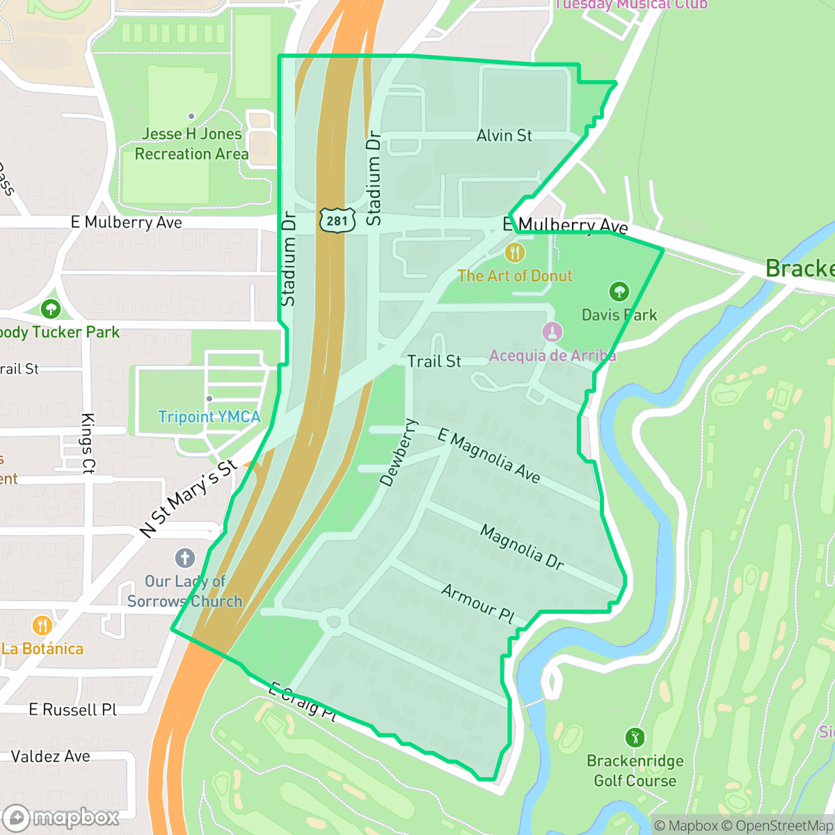 Map showing the location of River Road, San Antonio, TX