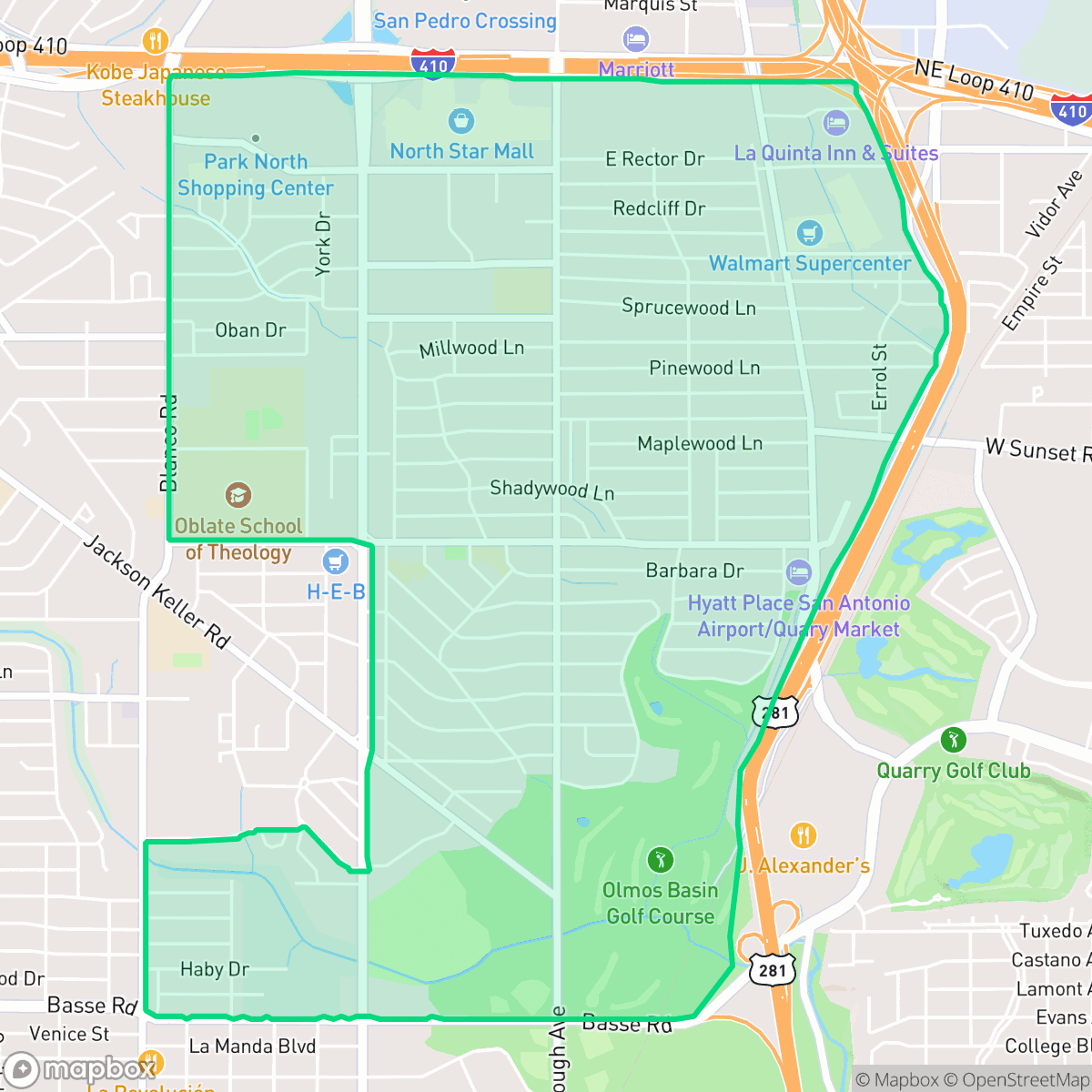 Map showing the location of Shearer Hills - Ridgeview, San Antonio, TX