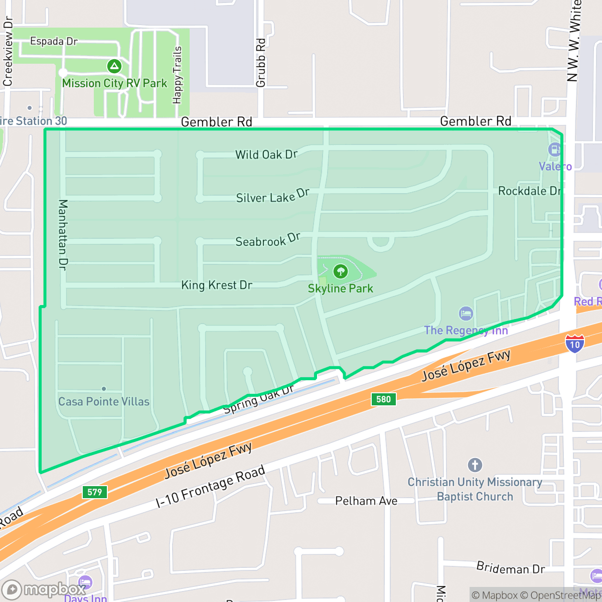 Map showing the location of Skyline Park, San Antonio, TX
