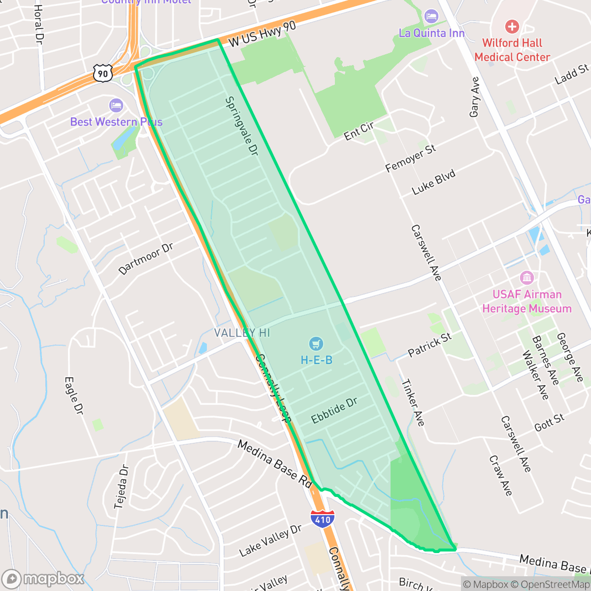 Map showing the location of Springvale, San Antonio, TX