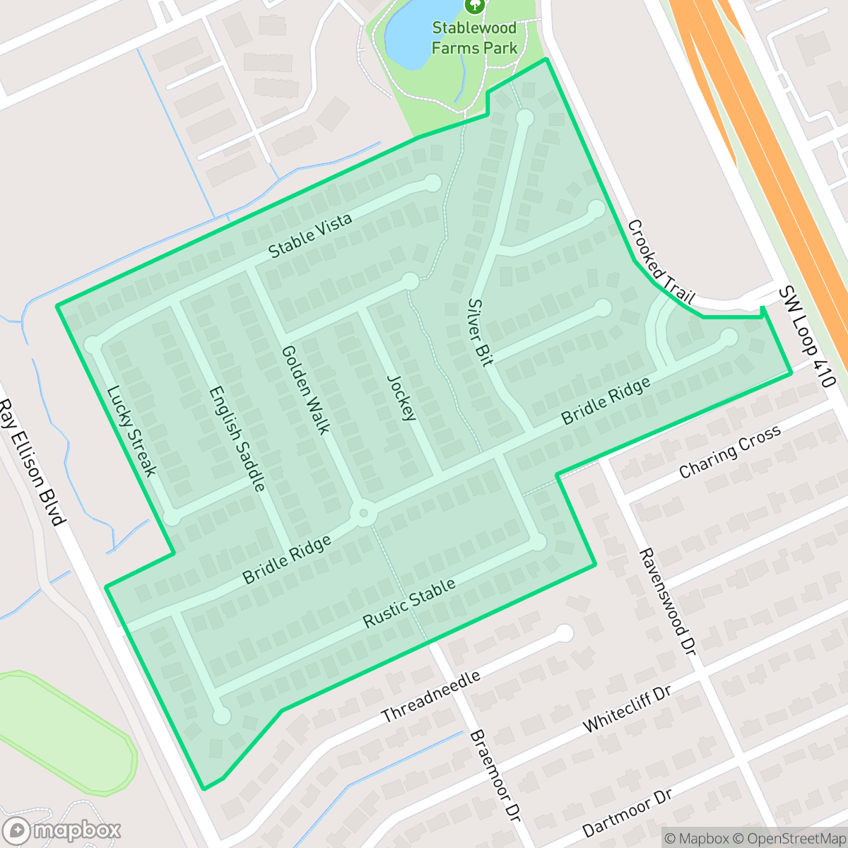 Map showing the location of Stablewood Farms, San Antonio, TX