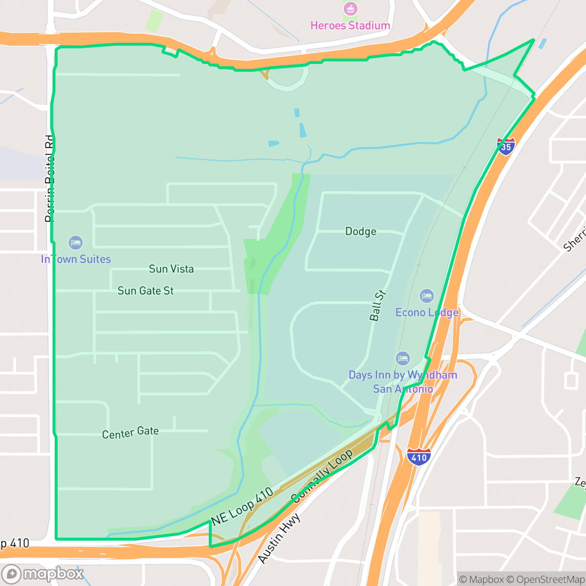 Map showing the location of Sun Gate, San Antonio, TX