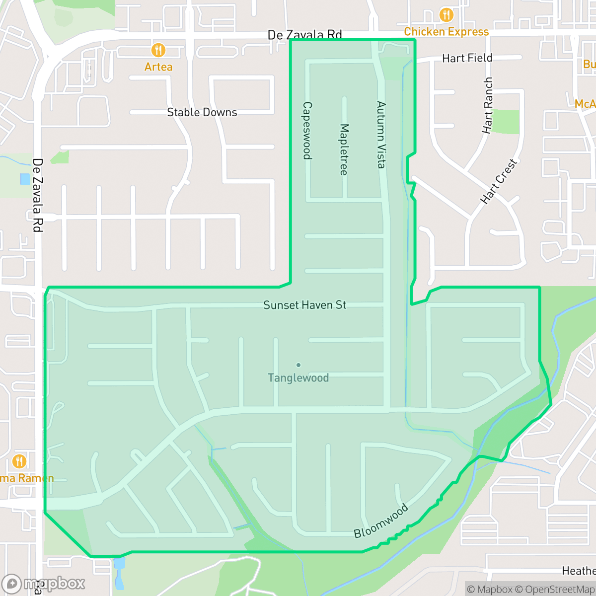 Map showing the location of Tanglewood, San Antonio, TX