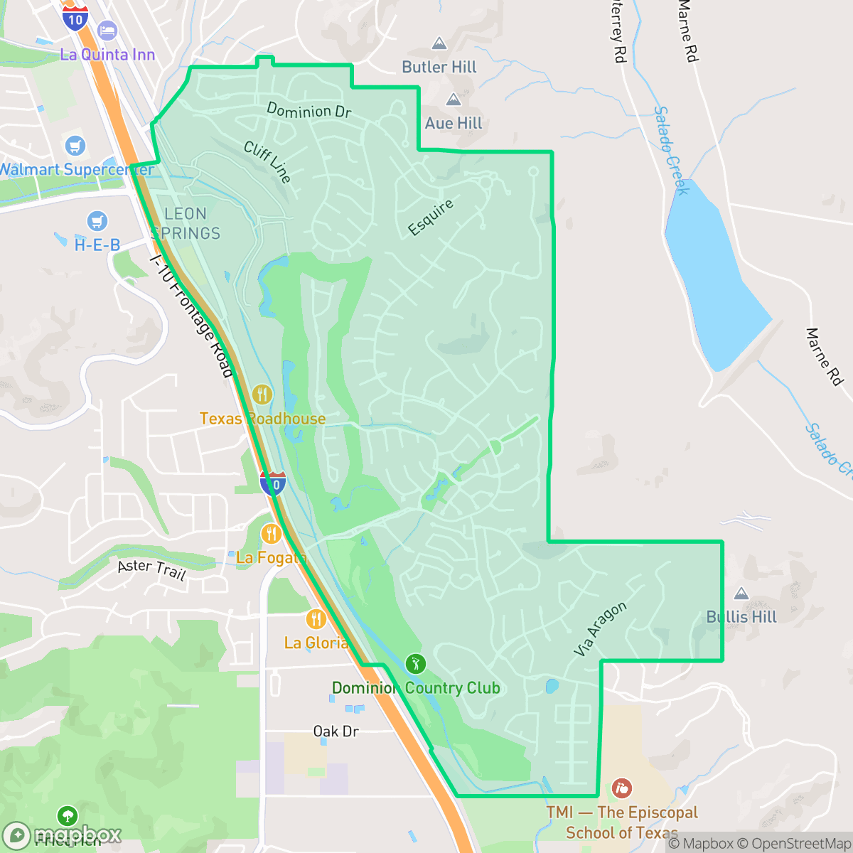 Map showing the location of The Dominion, San Antonio, TX
