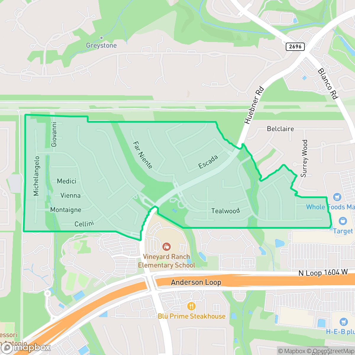 Map showing the location of The Vineyard, San Antonio, TX