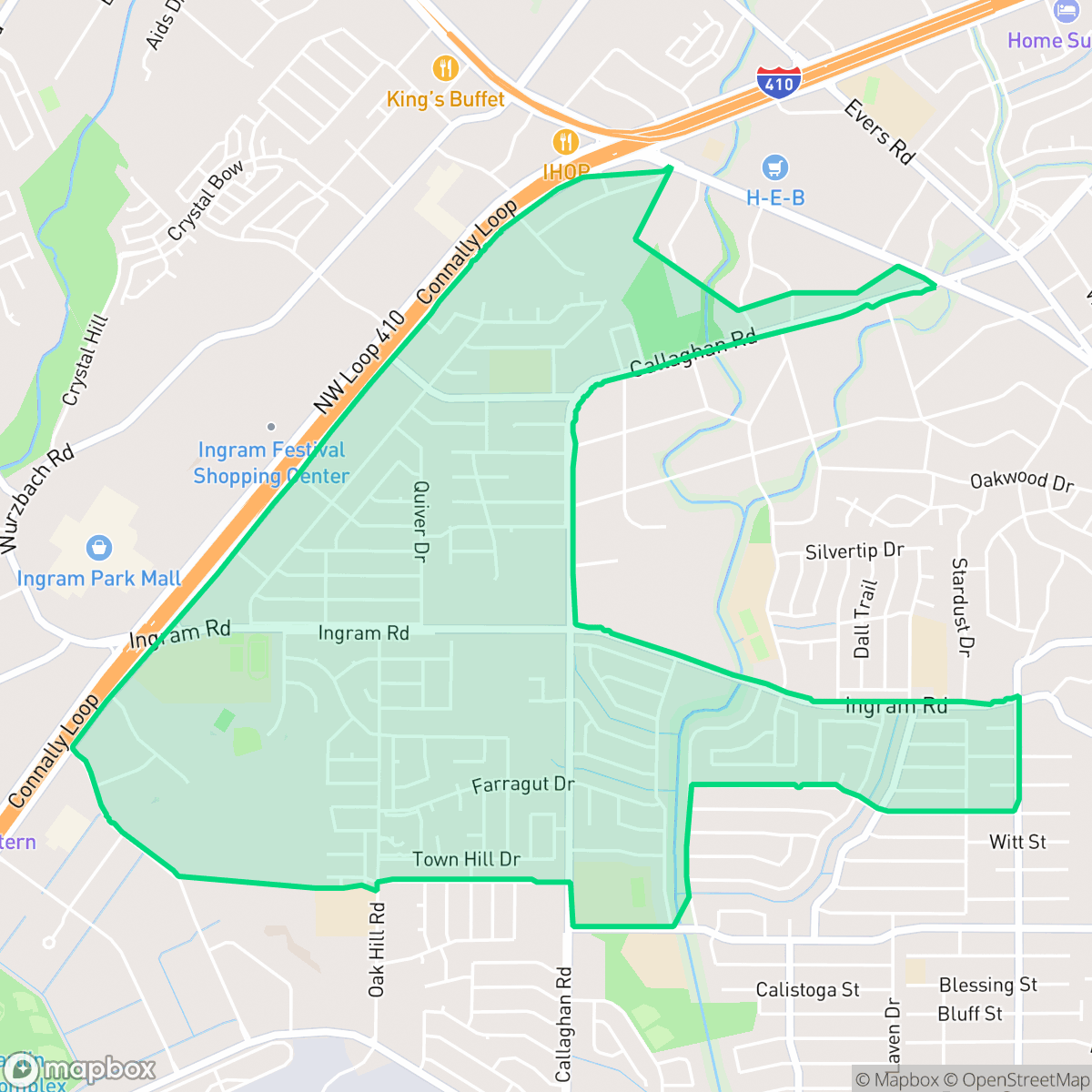 Map showing the location of Thunderbird Hills, San Antonio, TX