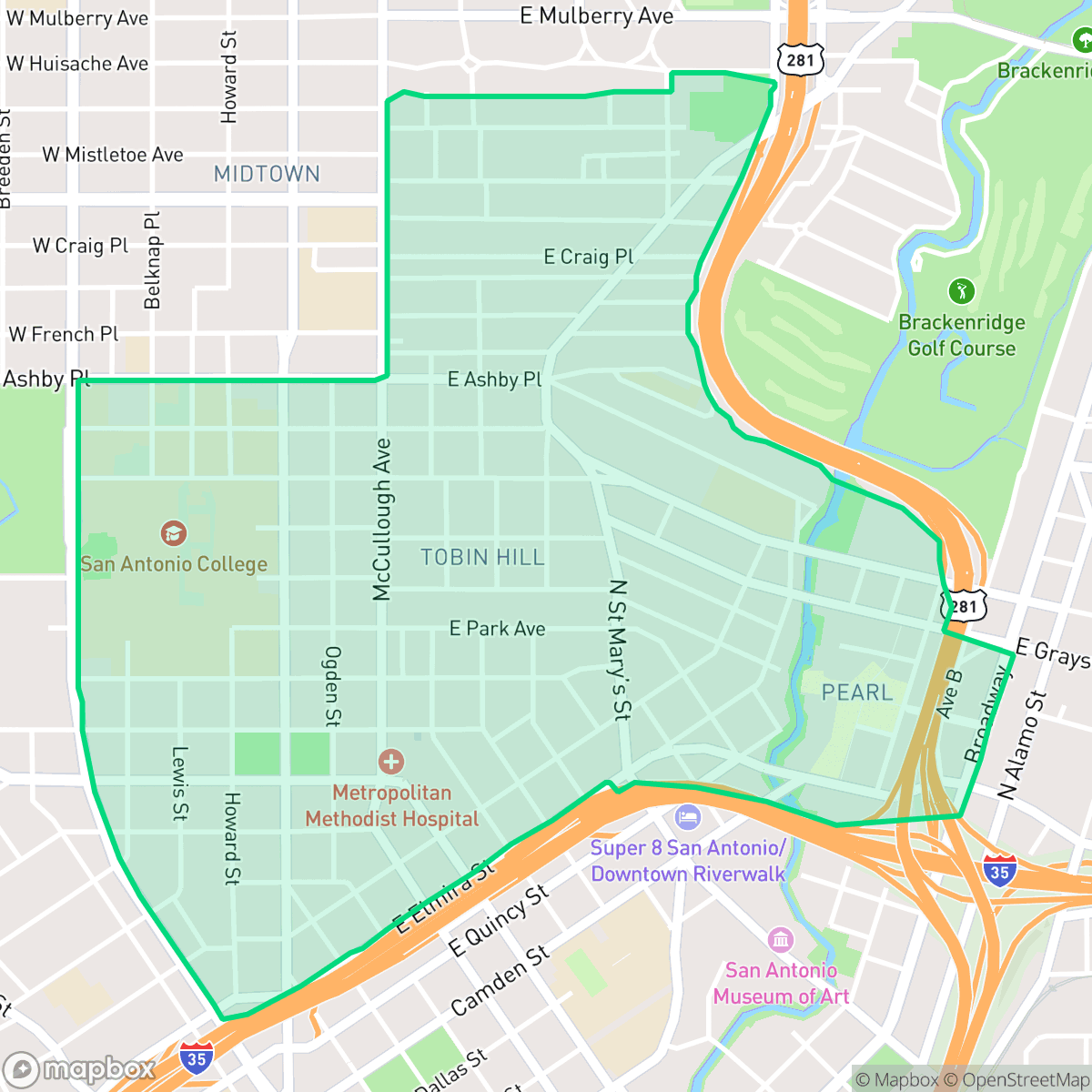 Map showing the location of Tobin Hill, San Antonio, TX