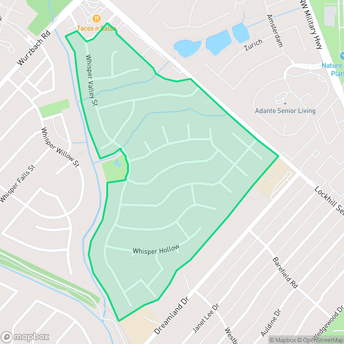 Map showing the location of Whispering Oaks, San Antonio, TX