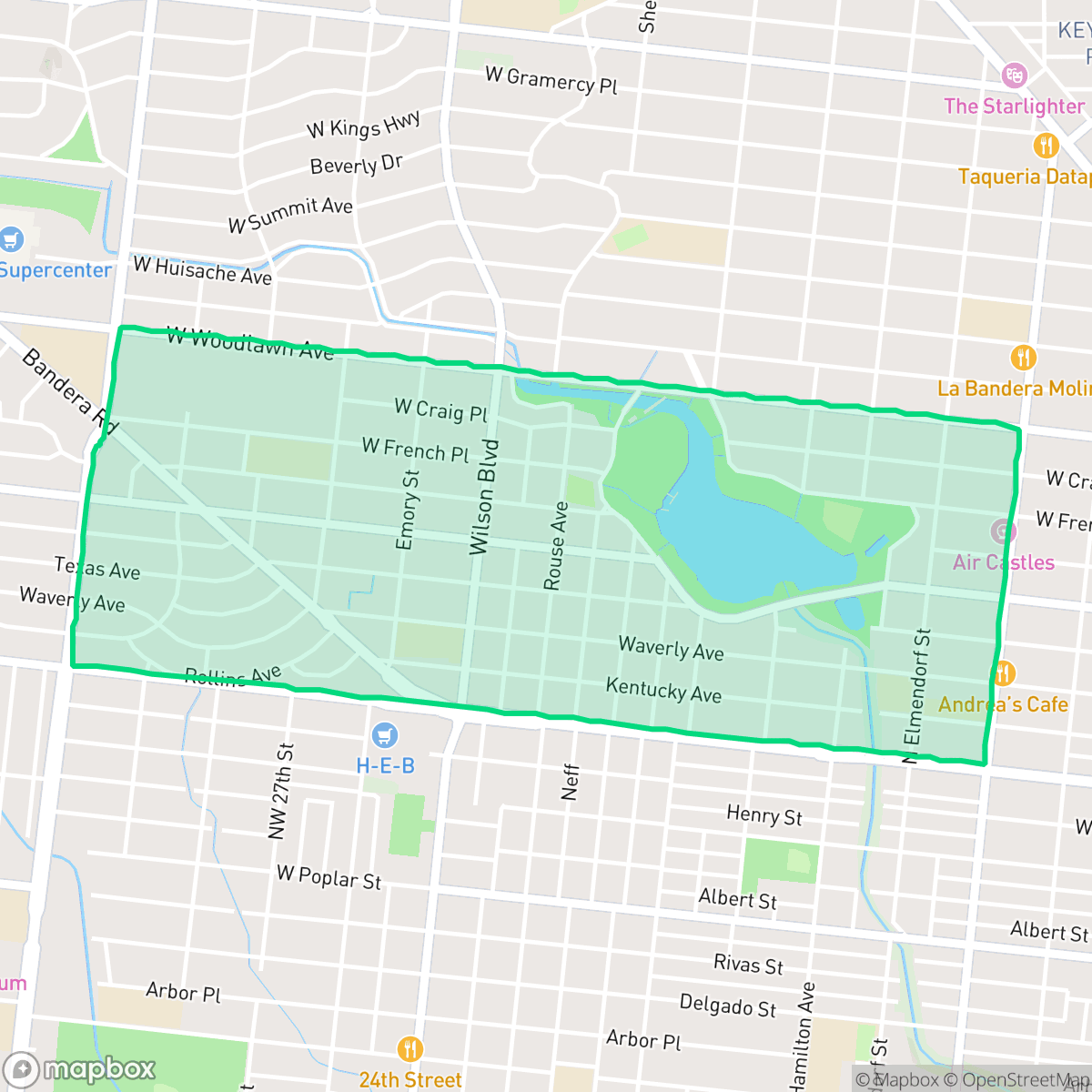 Map showing the location of Woodlawn Lake, San Antonio, TX
