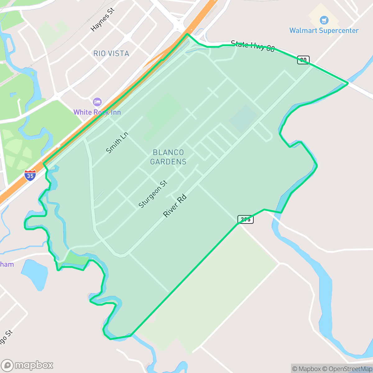 Map showing the location of Blanco Gardens, San Marcos, TX