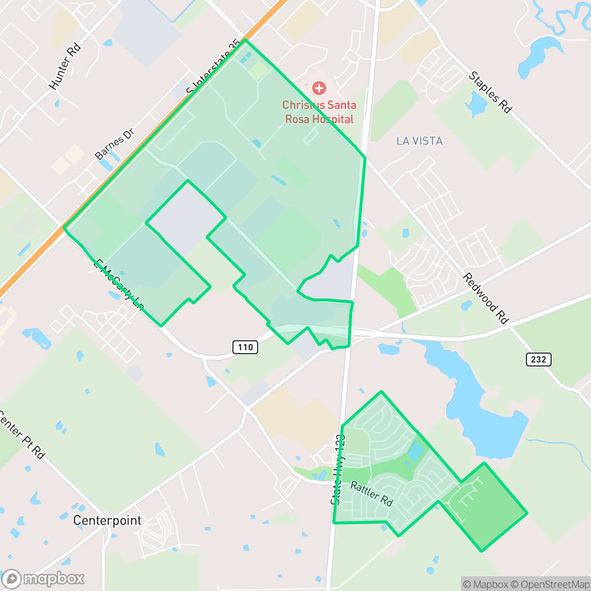 Map showing the location of Cottonwood Creek, San Marcos, TX
