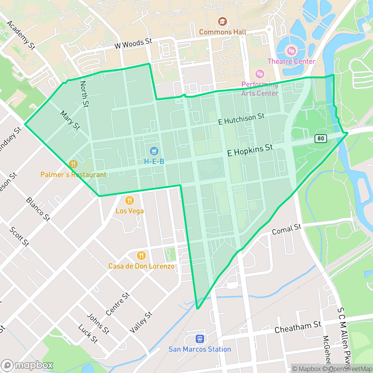 Map showing the location of Downtown, San Marcos, TX