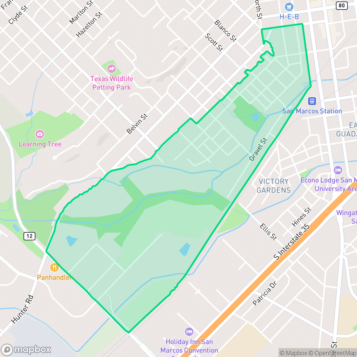 Map showing the location of Dunbar, San Marcos, TX