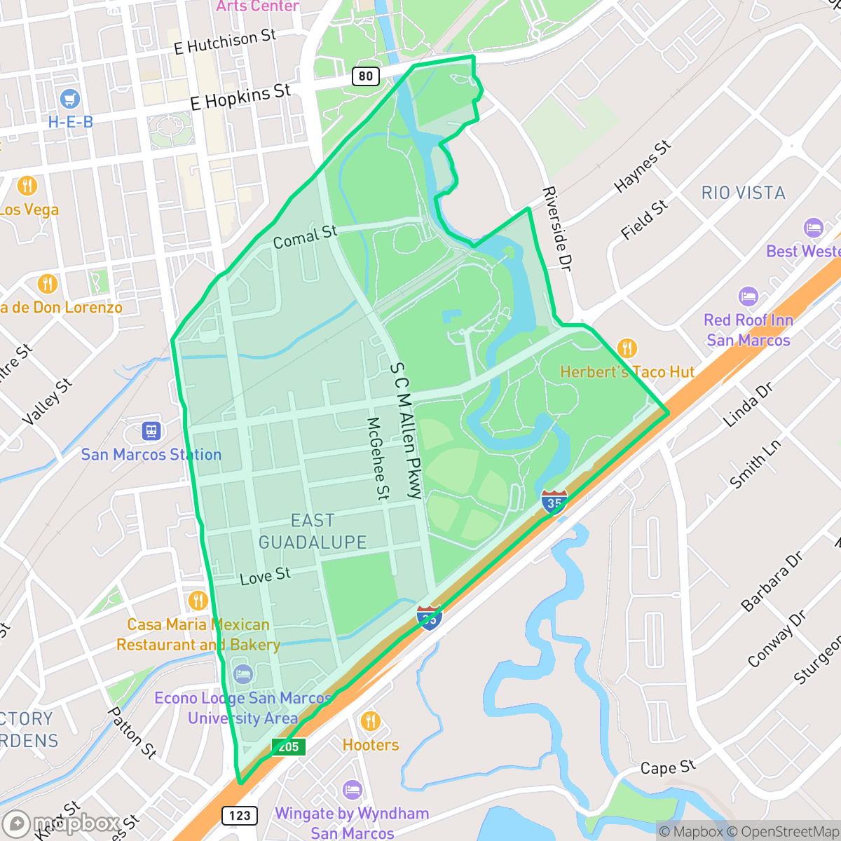 Map showing the location of East Guadalupe, San Marcos, TX