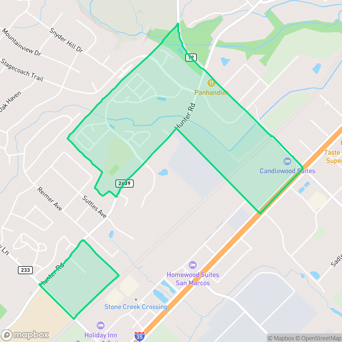 Map showing the location of Hunter's Hill, San Marcos, TX