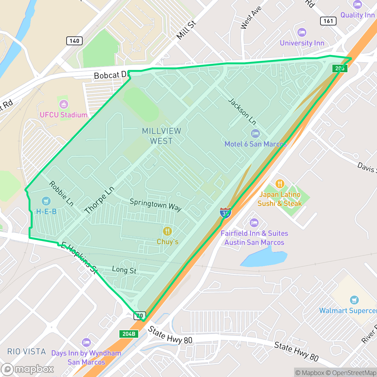 Map showing the location of Millview West, San Marcos, TX