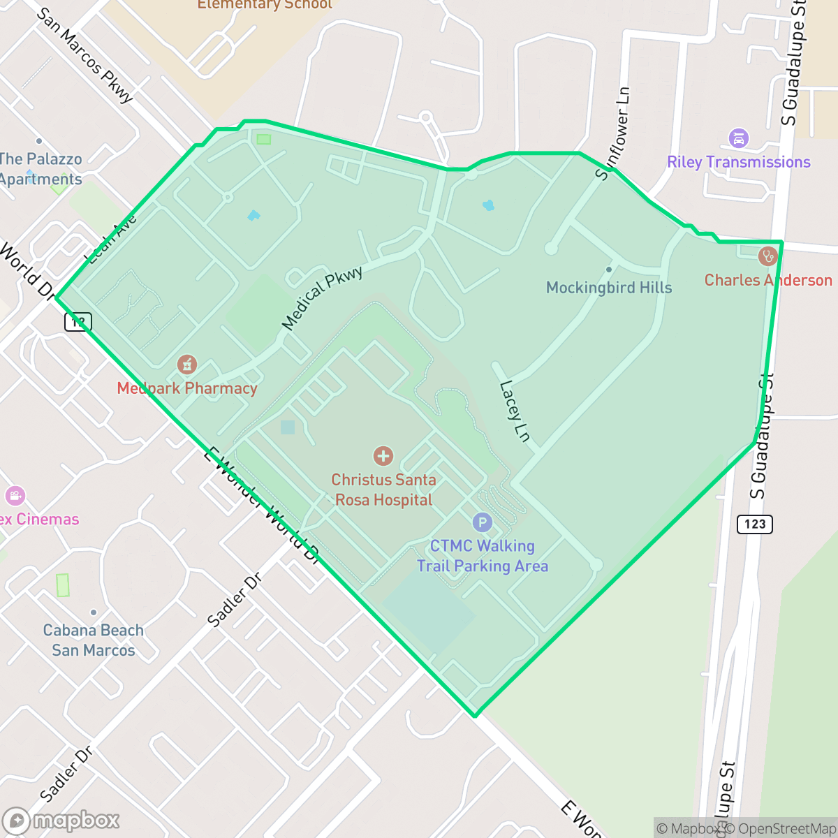 Map showing the location of Mockingbird Hills, San Marcos, TX